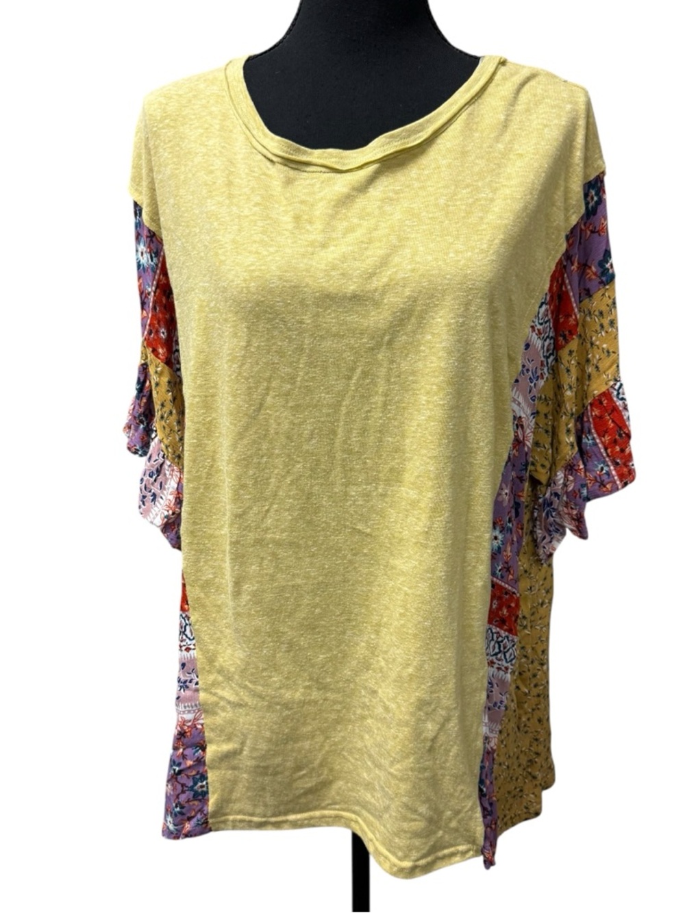 GiGiO Yellow Patchwork Floral Boho Top Ruffle Sleeve Lightweight Size L